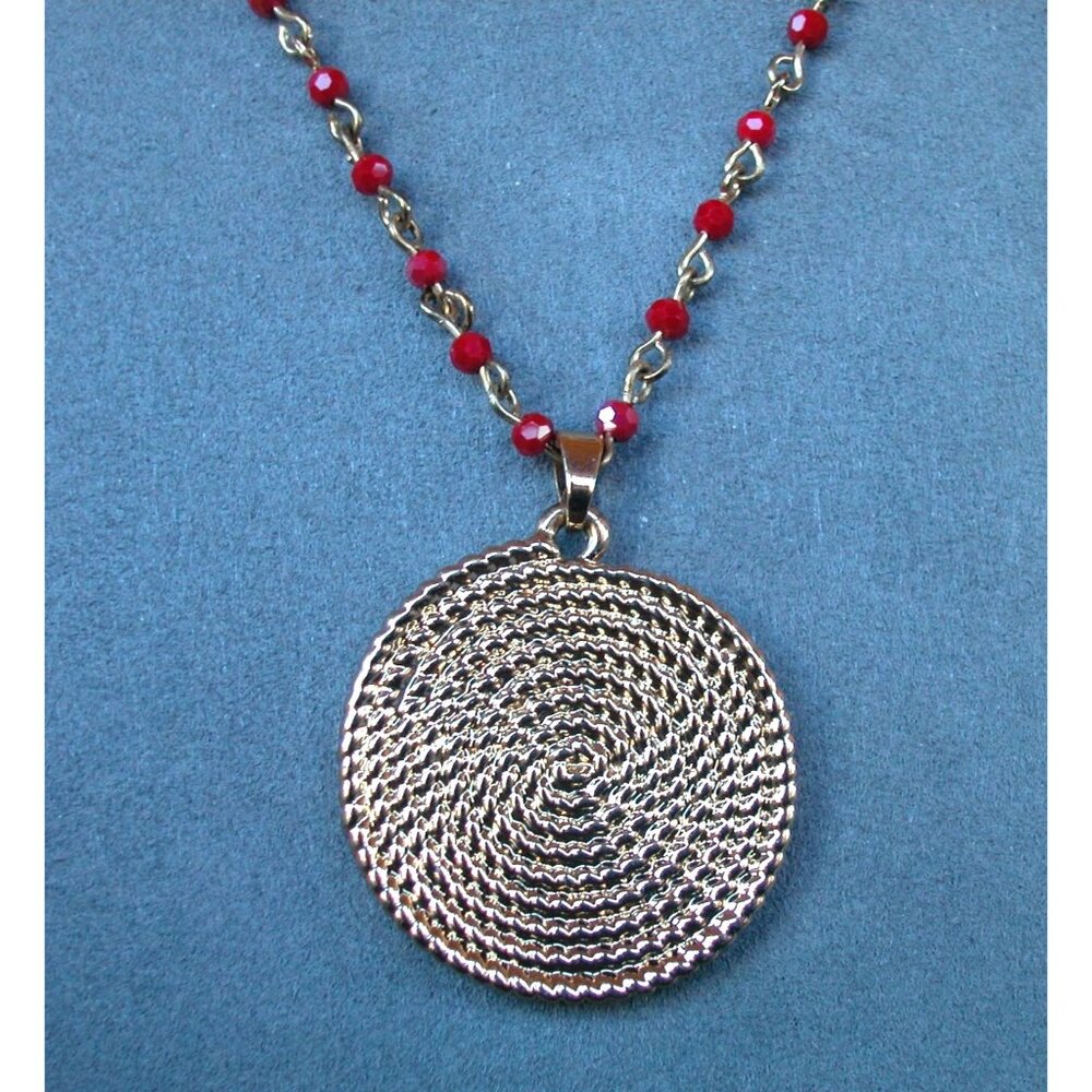 Red Glass Bead Necklace 1.5" Goldtone Spiral Pendant 26" Chain